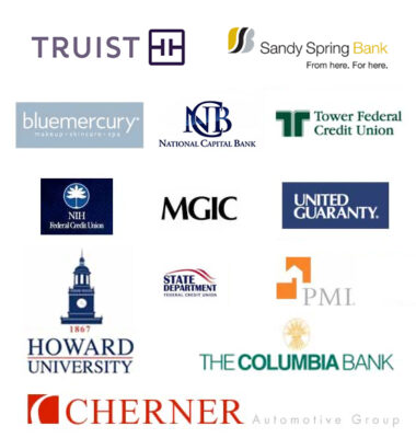 A group of client logos in color listed in this order Truist Bank, Sandy Spring Bank, Bluemercury, National Capital Bank, Tower Federal Credit Union, NIH Federal Credit Union, MGIC, United Guaranty , Howard University, State Department, PMI. The Columbia Bank, Cherner Automotive Group